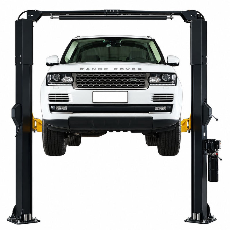 WL-10ASY two-post lift raising an SUV, front view
