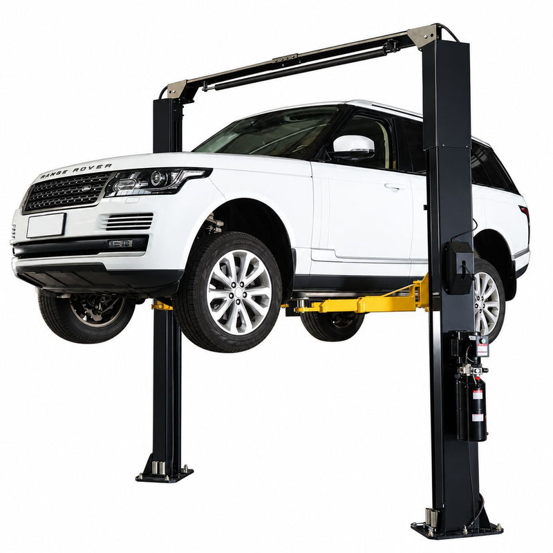 WL-10ASY two-post lift raising an SUV, angled view