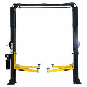 WL-10ASY two-post clear floor lift, front view with arms at ground level