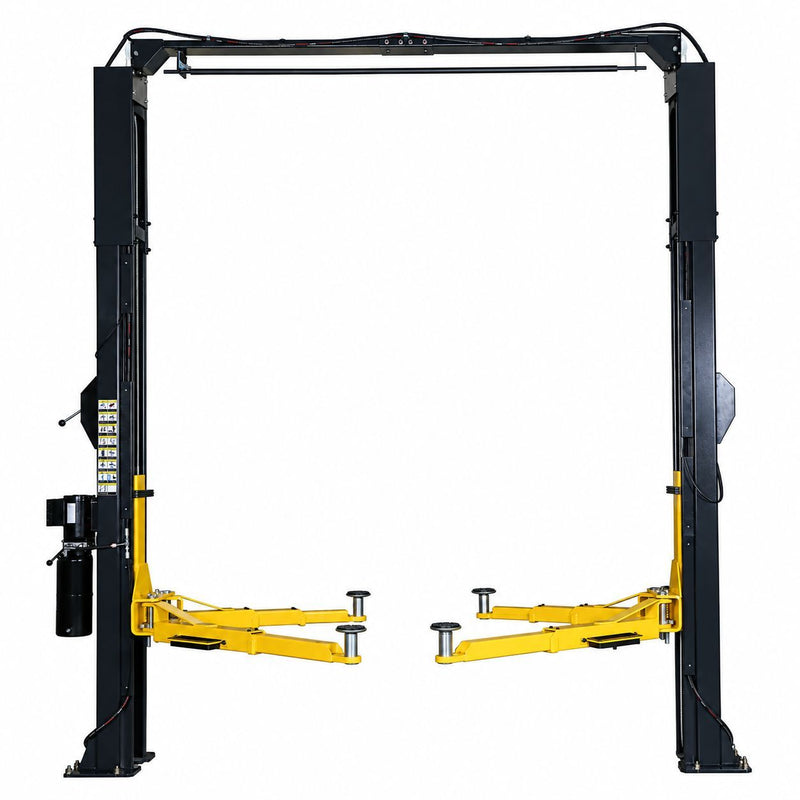 WL-10ASY two-post clear floor lift, front view with arms at ground level
