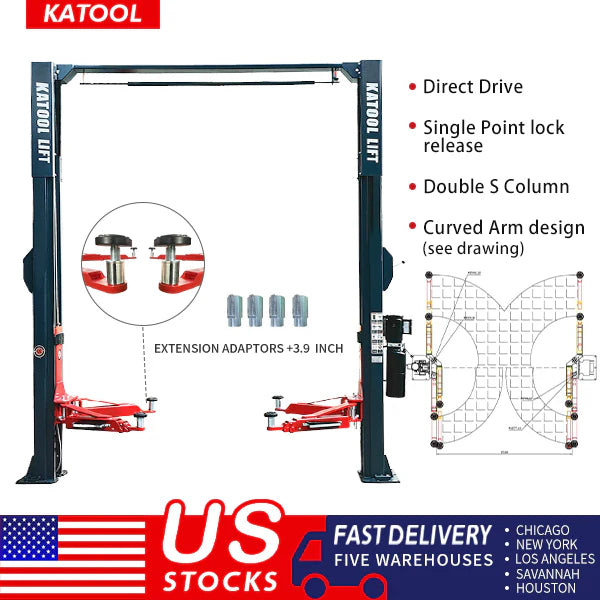 KATOOL KT-AS110D 11,000lb 2-Post Asymmetrical Clearfloor Lift 220V