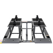 BendPak LR-10000 low-rise lift showing integrated drive-over ramps and dual hydraulic cylinders.