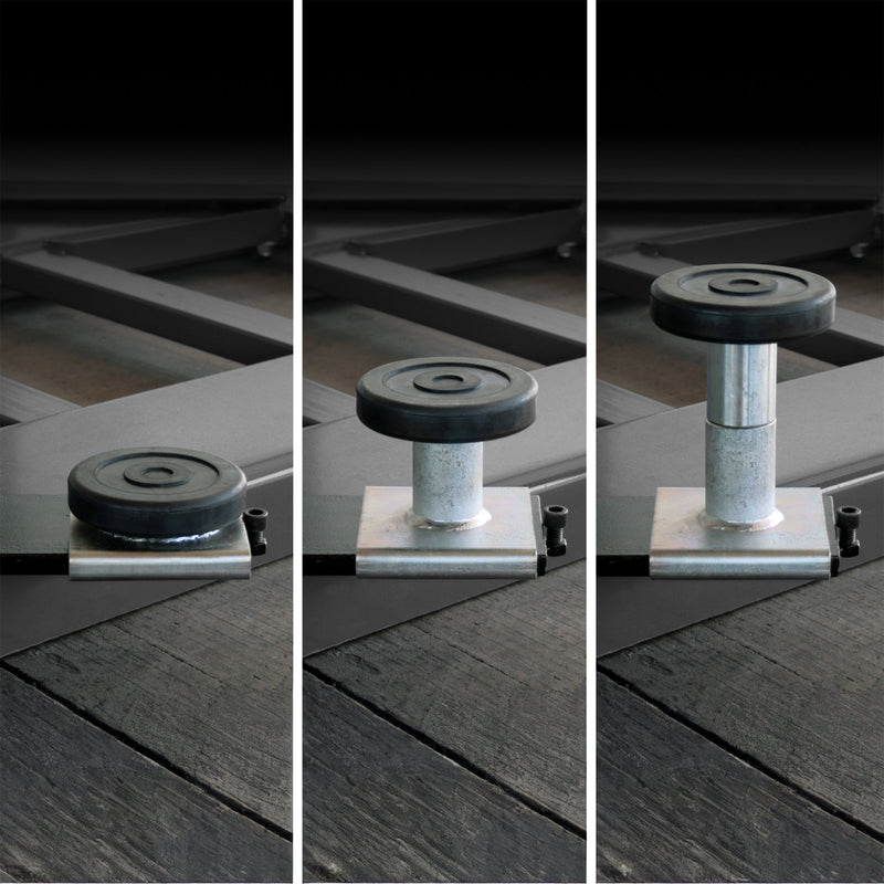 BendPak MD-6XP lift pad adapters shown in multiple height configurations for vehicle lifting points.