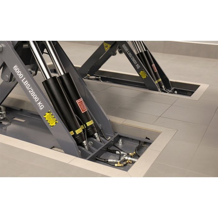 BendPak MDS-6LPF flush-mount lift, floor-level service bay installation