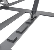 Mechanical safety lock and welded locking blocks on the base frame of a BendPak LR-60P portable scissor lift.