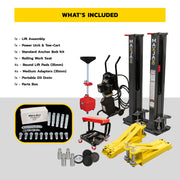 MaxJax M7K Deluxe package contents showing included portable two-post lift components.