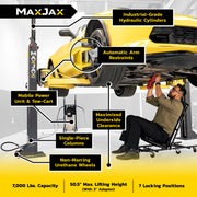 MaxJax M7K Deluxe package feature overview for portable two-post garage lift setup.