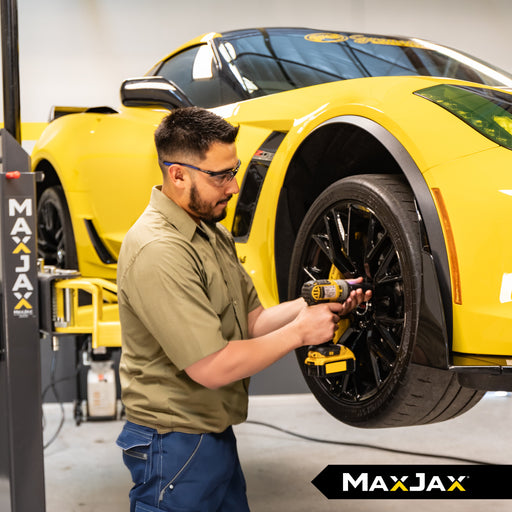 MaxJax M7K low-ceiling two-post lift designed for residential garages with limited overhead clearance.