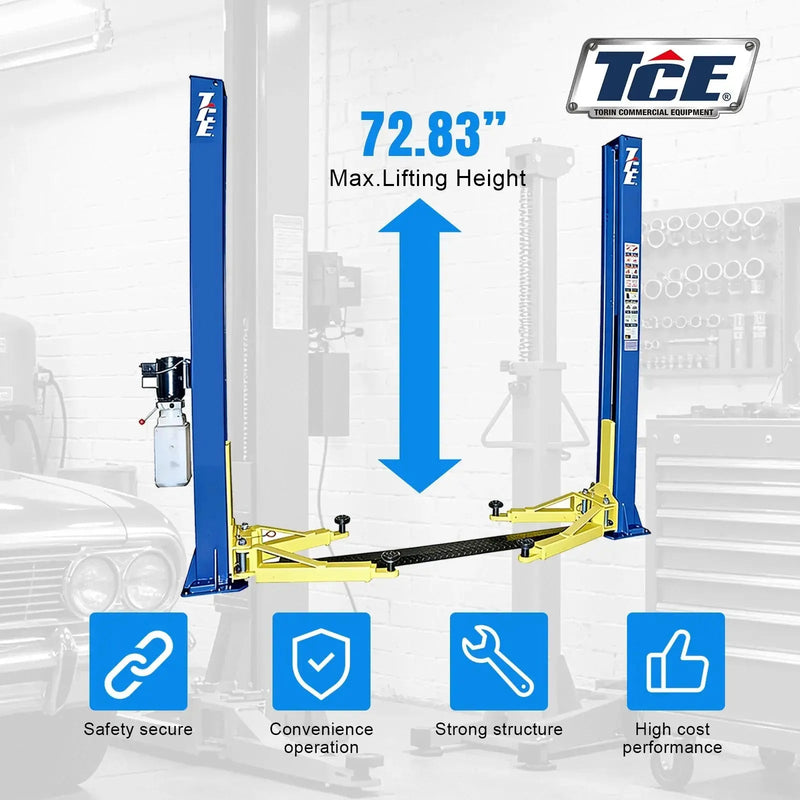 TCE 2-Post Car Lift, 220V, 10,000 lb Capacity, Foot Plate, Auto Truck Hoist with Adapters, 2-Year Warranty, TRJR-245LC