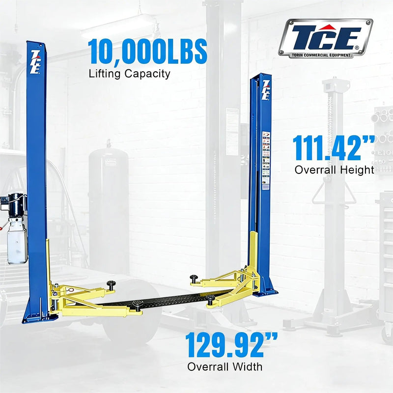 TCE 2-Post Car Lift, 220V, 10,000 lb Capacity, Foot Plate, Auto Truck Hoist with Adapters, 2-Year Warranty, TRJR-245LC